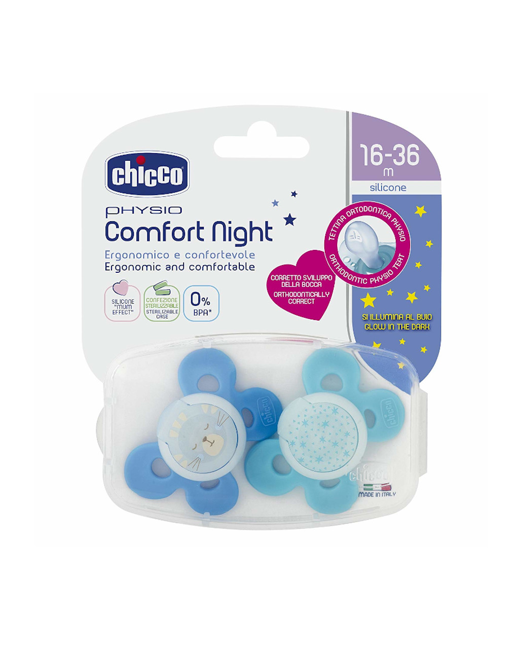 Pack 2 chupetes comfort night silicona azules 16-36m - Chicco