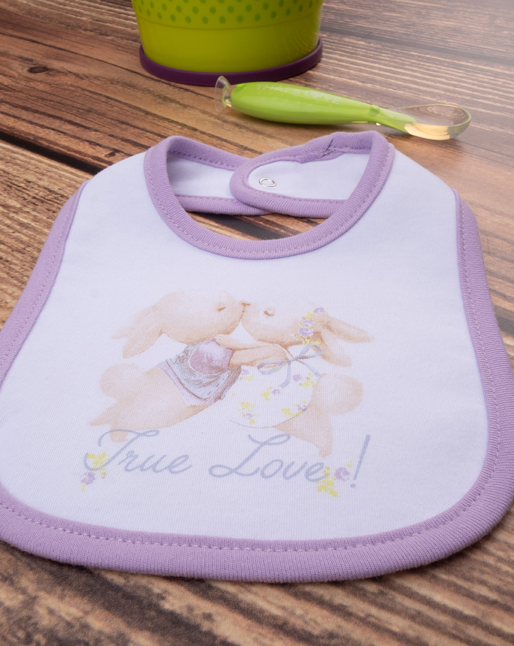 Babero lila "conejitos" para bebés - Prénatal