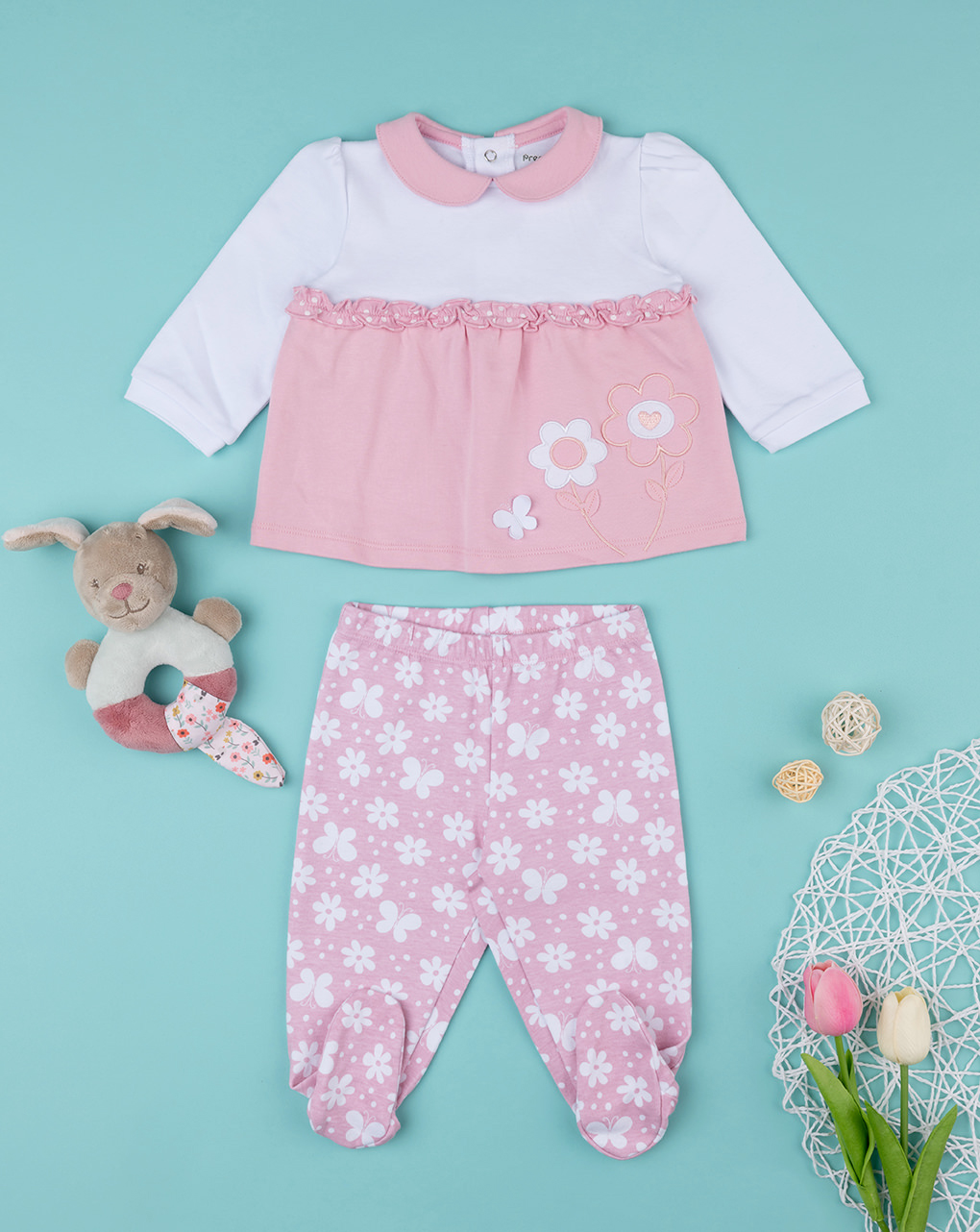Traje de dos piezas blanco y rosa floral para recién nacido - Prénatal