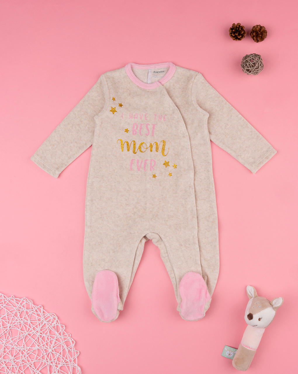 Pelele de chenilla beige/rosa para bebé niña - Prénatal