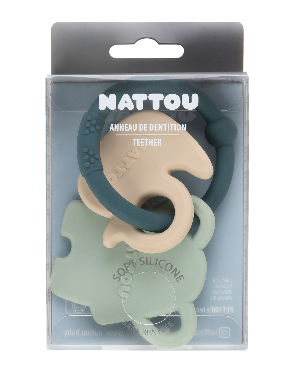 Sonajero mordedor de silicona verde y arena - nattou - Nattou