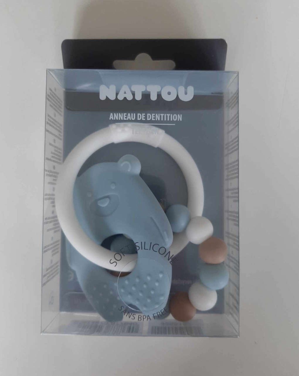 Sonajero de silicona azul claro y blanco para la dentición - nattou - Nattou