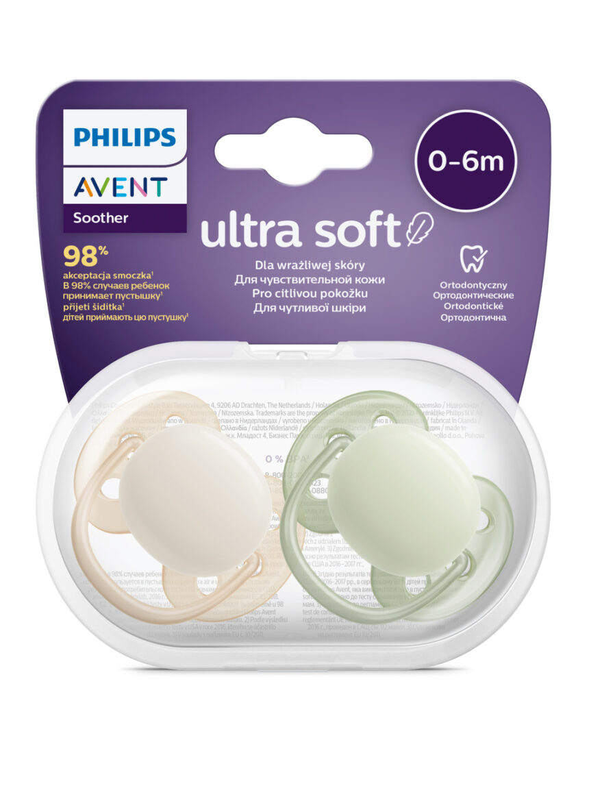 2 chupetes ultra suaves 0-6 meses color naranja/verde - philips avent - Philips Avent