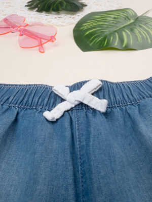 Pantalón corto de niña en chambray oscuro con lazo sangallo - Prénatal