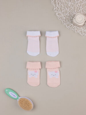 Pack 2 pares de calcetines de algodón rosa con osito y rayas - Prénatal