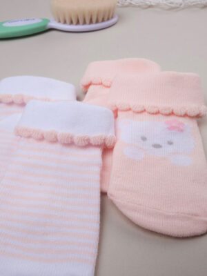 Pack 2 pares de calcetines de algodón rosa con osito y rayas - Prénatal